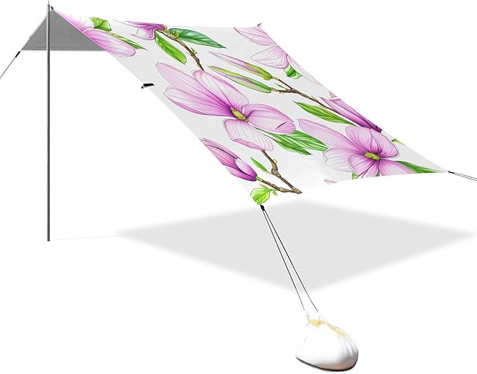 Beach Canopy with Windproof Ropes &amp Sandbags Beach Tent Sun Shade Sun Shelter for Camping Trips Fishing Backyard Fun or Picnics Magnolia Flowers