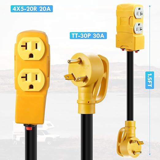 50 Amp to 20 Amp 110V RV Distribution AdapterNEMA 14-50P to 4 X 5-20R/15R RV 4-Prong to Mutiple Household Outlet w/ 20Amp Circuit Breaker RV Generator Distribution Cord (TT-30P-4 X 5-20R/15R)