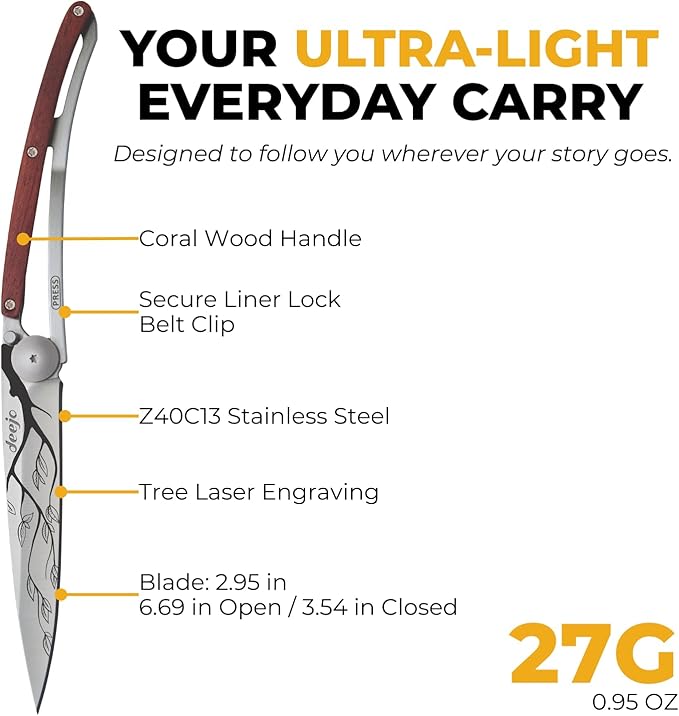 deejo - 27G Folding Pocket Knife with Belt Clip - Tree Design 2.95-Inch Stainless Steel Blade Coral Wood Handle - Lightweight Everyday Carry for Home Work and Outdoor Use