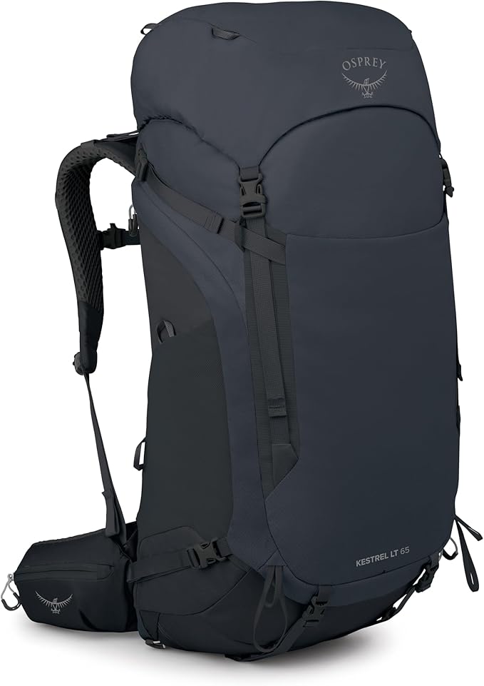 Osprey Kestrel LT 65L Men's Backpacking Backpack - Lightweight Hiking &amp Camping Bag with Waterproof Raincover Black