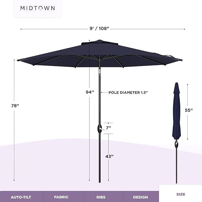 Midtown Umbrellas - 10-Year-No-Fade 9 Ft Patio Umbrella with Terylast Fabric Auto-Tilt Aluminum Frame and 8 Reinforced Ribs for Deck Pool Garden &amp Beach - Navy Blue Canopy Black Pole