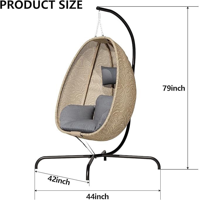 ALAULM Foldable Egg Chair with Stand 485LBS Capacity Textilene Hammock Swing Chair for Outdoor &amp Indoor Hanging Chair with Strong Frame &amp UV Resistant Cushion for Balcony Bedroom Light Gra