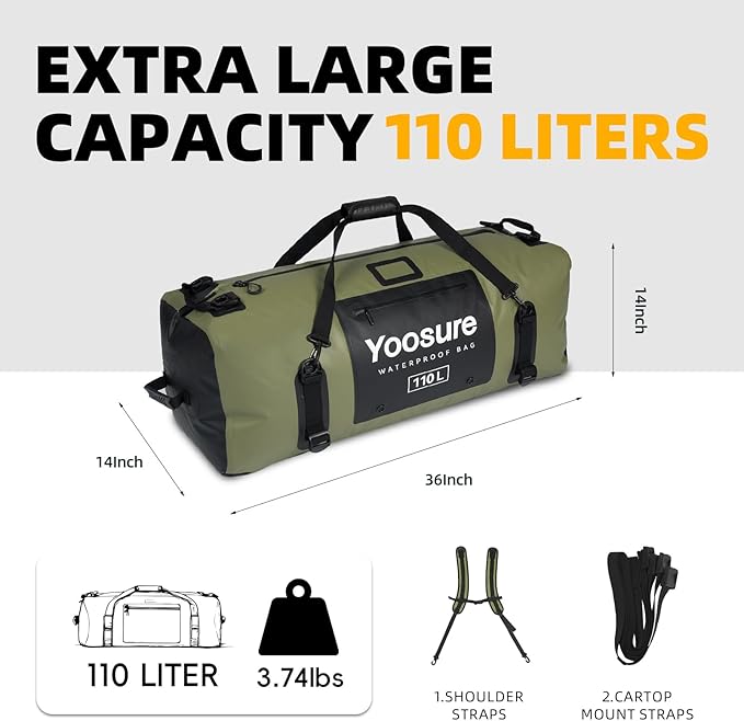 Waterproof Duffel Bag 110L - Marine Dry Bag with 700D PVC &amp Airtight Zipper Extra Large Duffle Bag for Camping Rafting Kayaking Boating Car Roof Storage (Green)