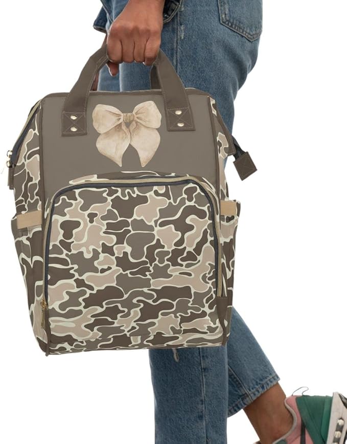 Marsh Camo Bow Backpack/Duck Camo Diaper bag/Cream Coquette Travel bag