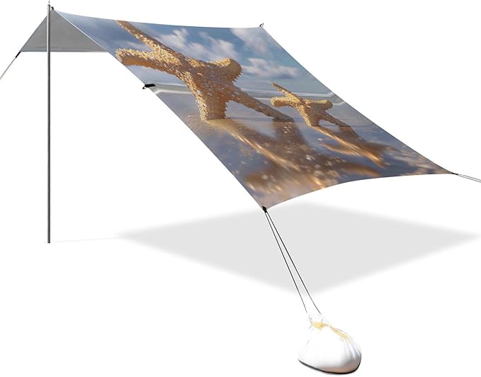 ALAZA Two Stand Starfish Beach Blue Sky Beach Tent Sun Shelter Portable Canopy Sunshade for Outdoor Camping Picnics Backyard Fun 10x9 ft
