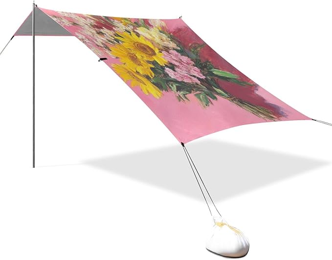 Oil Painting Bouquet on Pink Foldable Beach Tent UPF50+ Water-Resistant Sun Shelter with Sand Shovel Sandbags for Camping Picnics Backyard