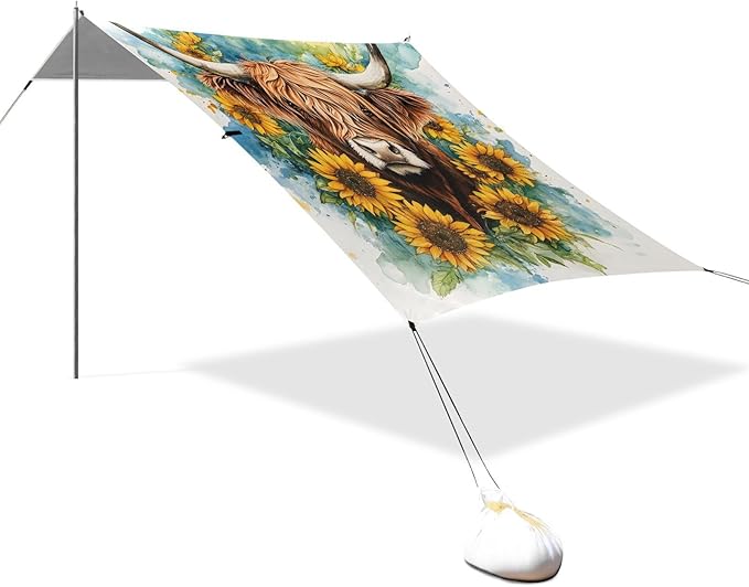ALAZA Watercolor Highland Cow Beach Tent Sun Shelter Portable Canopy Sunshade for Outdoor Camping Picnics Backyard Fun 10x9 ft