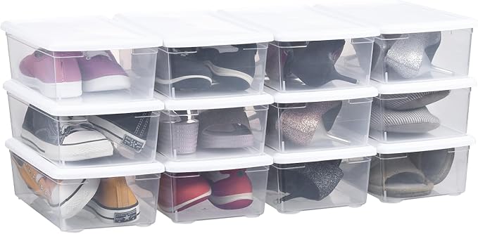 Stackable Plastic Storage Shoebox BPA-Free Nestable Container with Latching Lid to Organize Shoes See-Through Box for Home and Office Multi-Purpose Storage Case Clear Bins (12 Pack 6 Quart White)