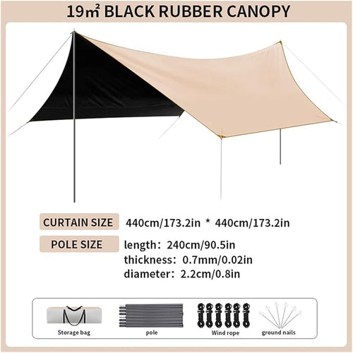 1 Apricot-Colored Black Canopy Camping Tent Outdoor Gear for Beach Park and Wilderness Sunshade and Rainproof Shelter(19 Square Meters)
