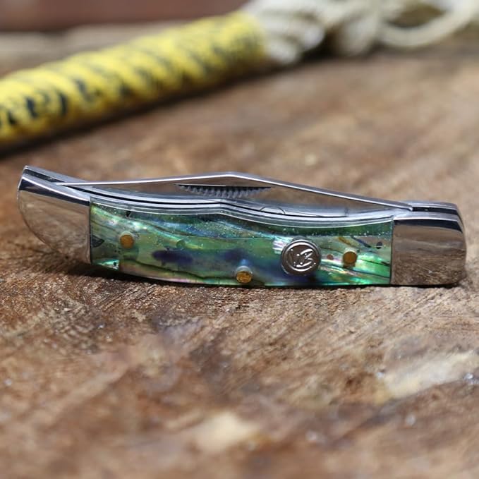 WHISKEY BENT HAT CO. Mini Hunter Folding Pocket Knife 2.75 Closed Length 440C Stainless Steel Blade (Green Abalone)