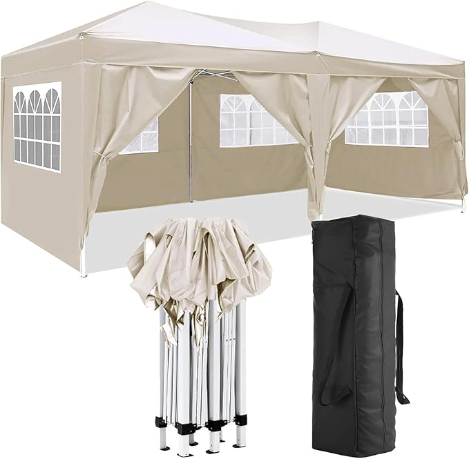 KEIKI 10'x20' Folding Canopy with 6 Removable Sidewalls Outdoor Event Shelter Gazebo Portable Tents for Parties Carport Camping Garden Patio Beige