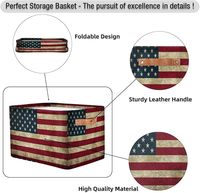 Pardick Storage Basket American USA Flag Large Foldable Organizer Storage Bins for Shelves Sturdy Canvas Cubes Storage Boxes with Handles for Toys Closet Nursery Office Living Room 15 x 11 x 9.5