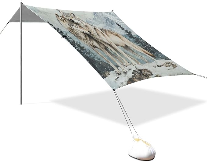ALAZA Wolves Snow Montain Beach Tent Sun Shelter UPF50+ Protection Beach Shade Canopy w/ 4 Sandbags for Outdoor Camping Fishing Backyard Fun Picnic 10x9 ft