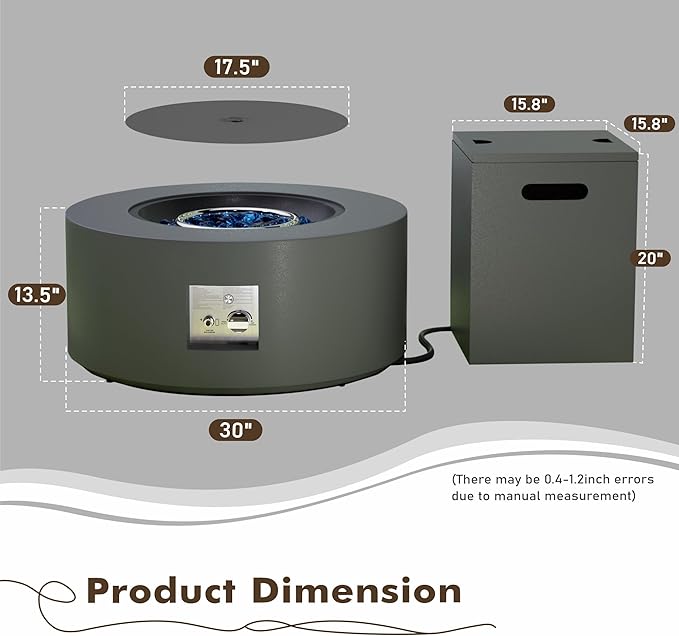 30 Round Propane Fire Pit Table - 50K BTU with Lid Rocks Tank Storage and Cover - Round Gas Fire Pits for Outside Patio - Outdoor Table with Firepit (Grey/Golden Light 30 Round)