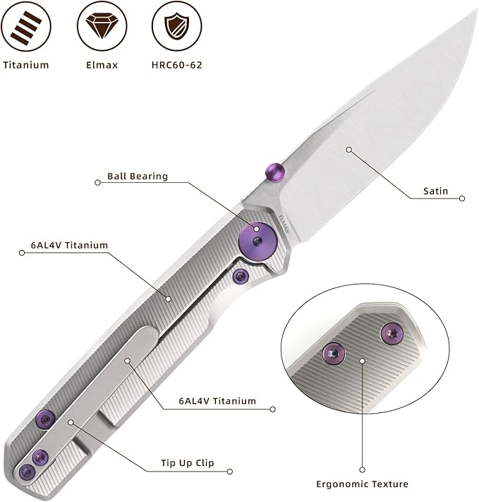 Folding Pocket Knife 2.95 Elmax Blade EDC Knife with Titanium Handle and Frame Lock Small Pocket Knife with Clip for Men Sharp Camping Hiking Hunting Survival Knives (Silver)