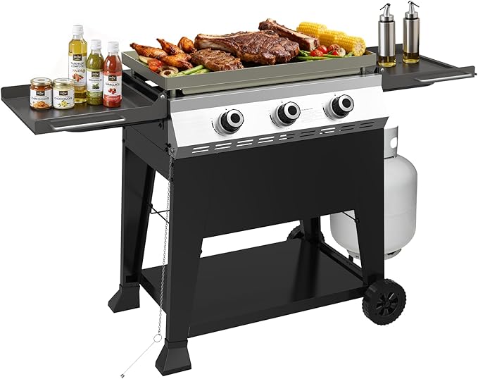 3-Burner Propane Gas Griddle 36000 BTU Outdoor Flat Top Propane Grill with 420 Sq In Cooking Area Rolling Wheels &amp Folding Side Shelves for Camping Tailgating &amp Backyard BBQ Black