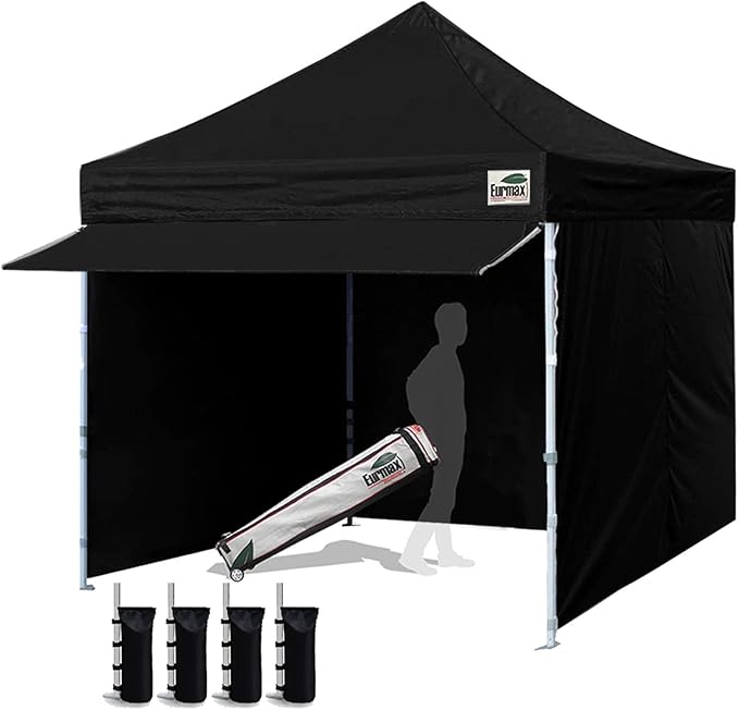Eurmax USA 10x10 Pop Up CanopyCommercial Tent with Patented No-Tip Rolling Bag24sqft Extension Awning &amp 4 Zippered Removable WallsUV &amp Water ResistantHeavy Duty Instant Shelter GazeboBlac