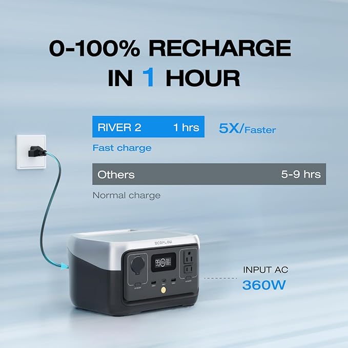 EF ECOFLOW Portable Power Station RIVER 2 with 45W Solar Panel 256Wh LiFePO4 Battery/ 1 Hour Fast Charging Up to 600W Output Solar Generator for Outdoor Camping/RVs/Home Use