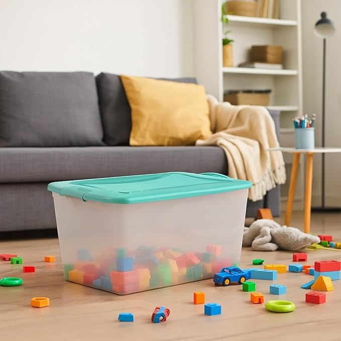Clear/Mint 6-Count 66 Quart Plastic Storage Containers with Latching Lids Stackable Storage Bins and Totes for Camping Gear Sports Equipment Tools &amp Workshop Supplies – Durable Home Organizatio