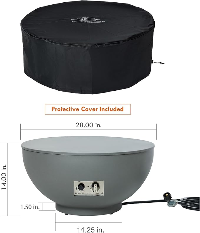 28-Inch Fire Table 58000 BTU Outdoor Propane Fire Pit Patio Round Fire Bowl Gas Firepit with Lid Lava Rocks Cover Pre-Attached 10 ft Propane Hose Gray