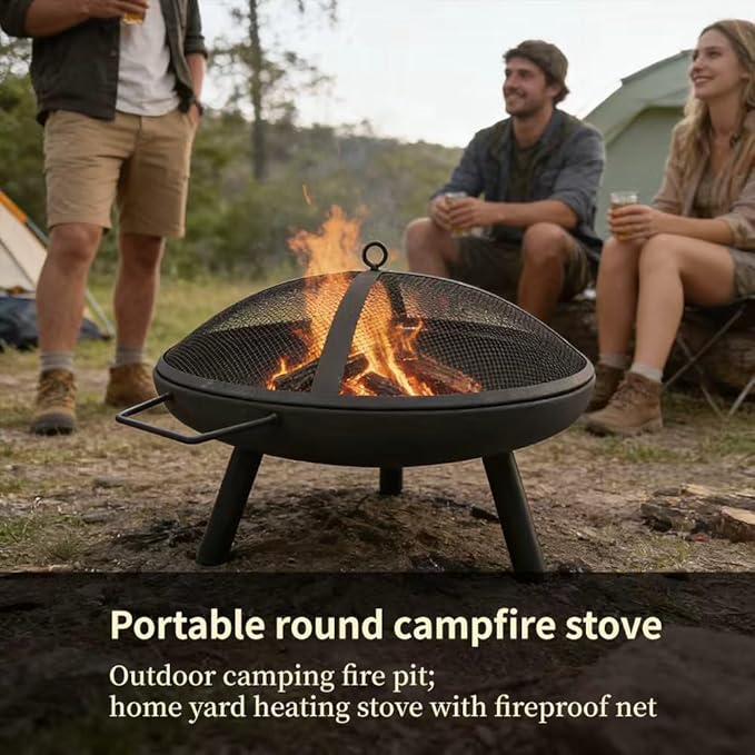 23inch Portable Fire Pit with Fire Poker and Spark Screen 2 in 1 Small Round Outdoor Fireplace for Outside Heating Bonfire Party Camping Backyard Patio Garden RV Trip