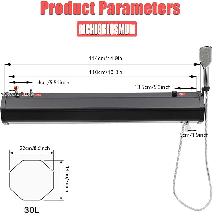 Pressurized Roof Rack Water Tank with Shower &amp 5.58FT Hose Lightweight Design Multi-Functional Overland Shower for SUVs Trucks Off-Road &amp Camping7.9Gal/30L
