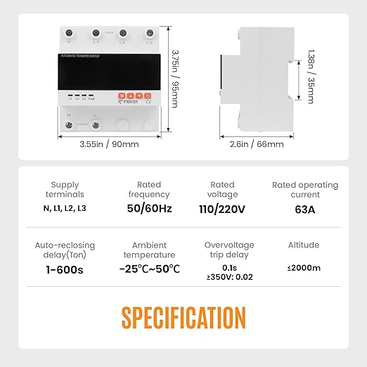 Automatic Transfer Switch - 110V/240V 63A Adjustable Circuit Breaker Overcurrent Overvoltage Undervoltage Protection Low Voltage Cutoff Between Utility Power Generator Inverter(4P 63A)
