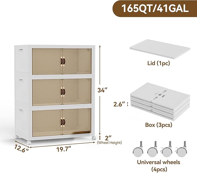SAILUN 146QT/36Gal Stackable Storage Bins with a Lid Collapsible Storage Bins With Doors Folding Cabinet for Home Closet Organization3 Pack-19.7 W x 12.6 D x 34 H White