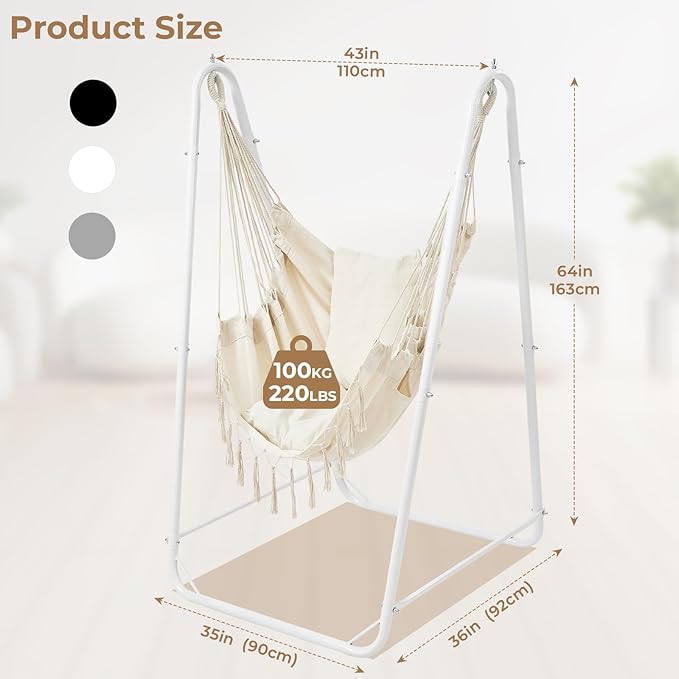 Hammock Chair with Stand Heavy-Duty Steel Hammock Stand for Indoor &amp Outdoor Use Solid Support &amp Stable Base 220 lbs Capacity U-Shaped Design Easy Assembly Hammock Chair Included - White