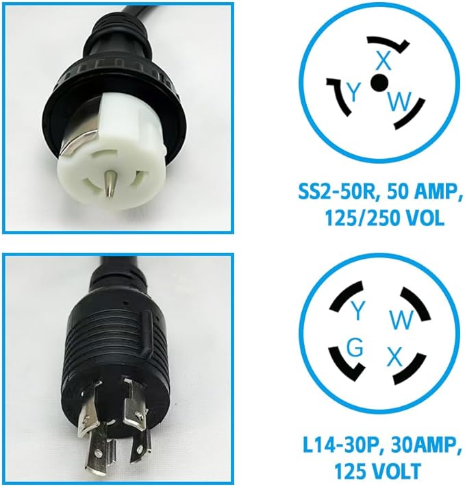 NEMA 3ft L14-30P to 50A SS2-50R with Locking Ring 120V/240 30 Amp 4 Prong Male to 4 Prong Twist Lock Receptacle Generator RV Marine Shore Boat Power Cord Adapter