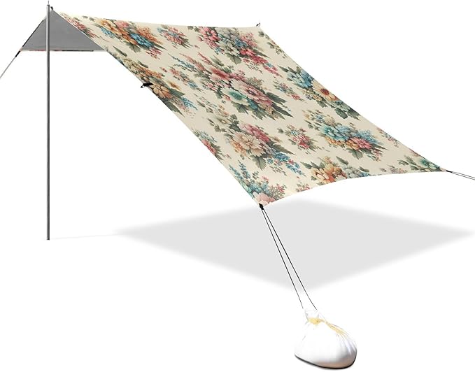Bright Flowers Beach Tent Sun Shelter Set UPF50+ UV Protection 10.5 x 9.19 FT Camping Shade Canopy with Sandbags Sand Anchors Carrying Bag and Others
