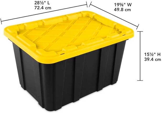 Sterilite 8-Pack 27 Gallon Industrial Storage Tote Heavy-Duty Plastic Bins Black/Yellow - Stackable Utility Organizers with Lids for Garage Camping Tools and Outdoor Gear