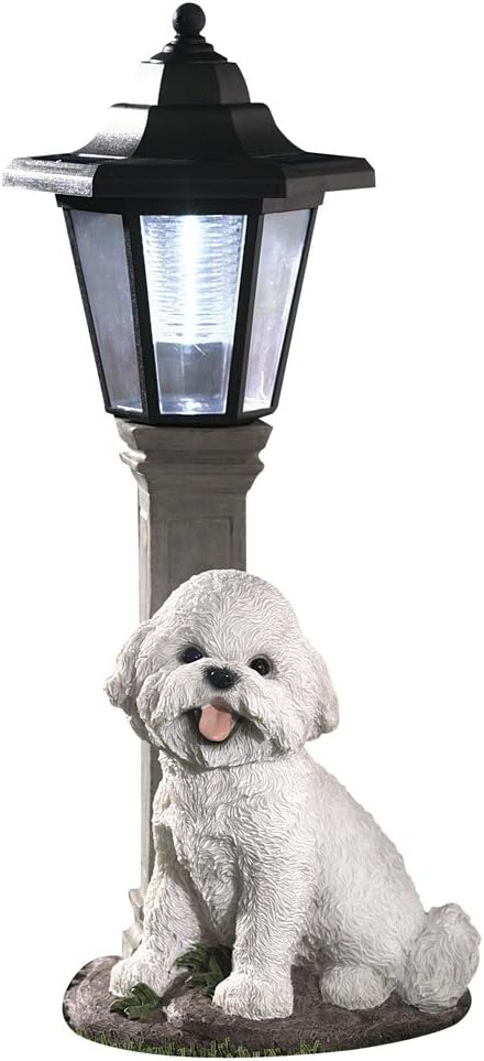 Bits and Pieces - Solar Dog Lantern-Solar Powered Garden Lantern - Resin Dog Sculpture with LED Light (Bichon) - 13.5 Tall