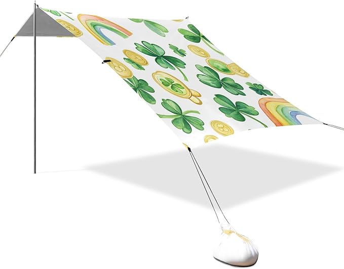ALAZA St Patrick Day Clover Rainbow Coins Beach Tent Sun Shelter Portable Canopy Sunshade for Outdoor Camping Picnics Backyard Fun 10x9 ft