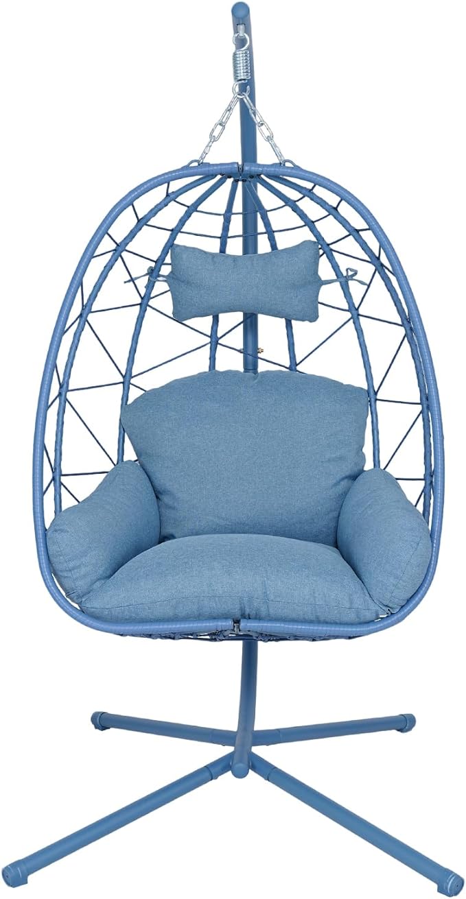 Hanging Egg Chair with Stand Outdoor Indoor Patio Rattan Swing Hammock Chairs with Washable Cushion PE Wicker Swing Chair for Backyard Bedroom Garden (Blue + Blue Cushion No Footrest)