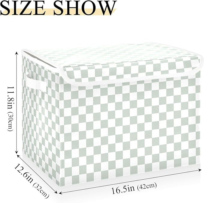 Grey Green Checkerboard Storage Baskets Lidded Bin Foldable Storage Boxes Cubes Lids with 2 Handles for Organizing Closet Home Office