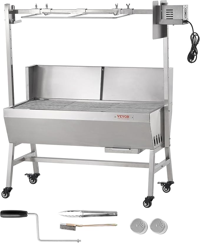 VEVOR Rotisserie Grill with Windscreen BBQ Whole Pig Lamb Goat Charcoal Spit Grill 35 Inch 90 Lbs Capacity Electric 42W Motor Stainless Steel Roaster with Lockable Wheels for Camping Outdoor
