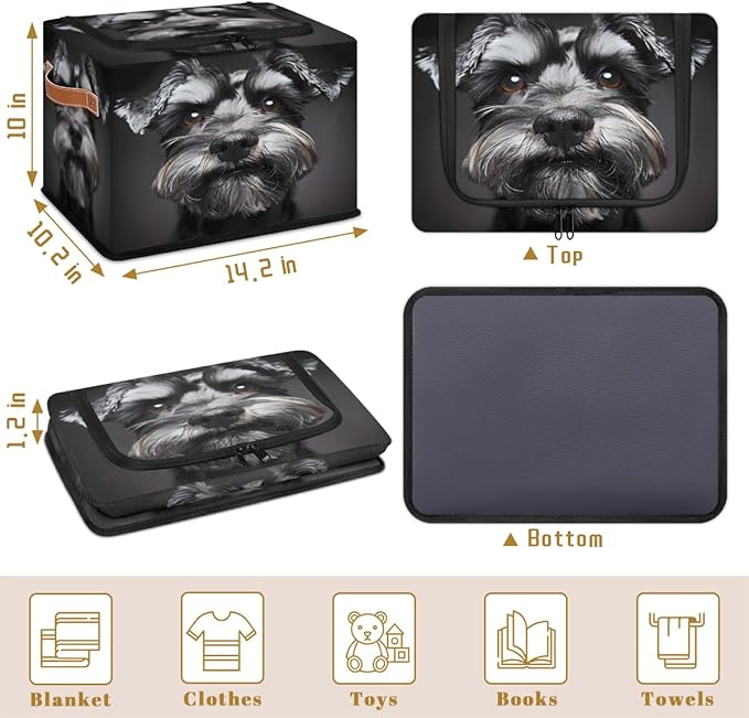 Schnauzer Dog Storage Box with Lid Black Dog Collapsible Storage Bins Baskets Cubes Closet Shelf Clothes Organizer Containers with PU Leather Handles