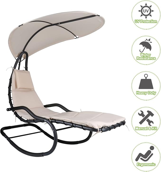 Outdoor Hammock Rocking Chaise Lounge Swing Chair with Stand and Canopy Porch Swing w/Soft Cushion Removable Headrest Outdoor Recliner Rocking Chair for Garden Backyard Poolside (Beige)
