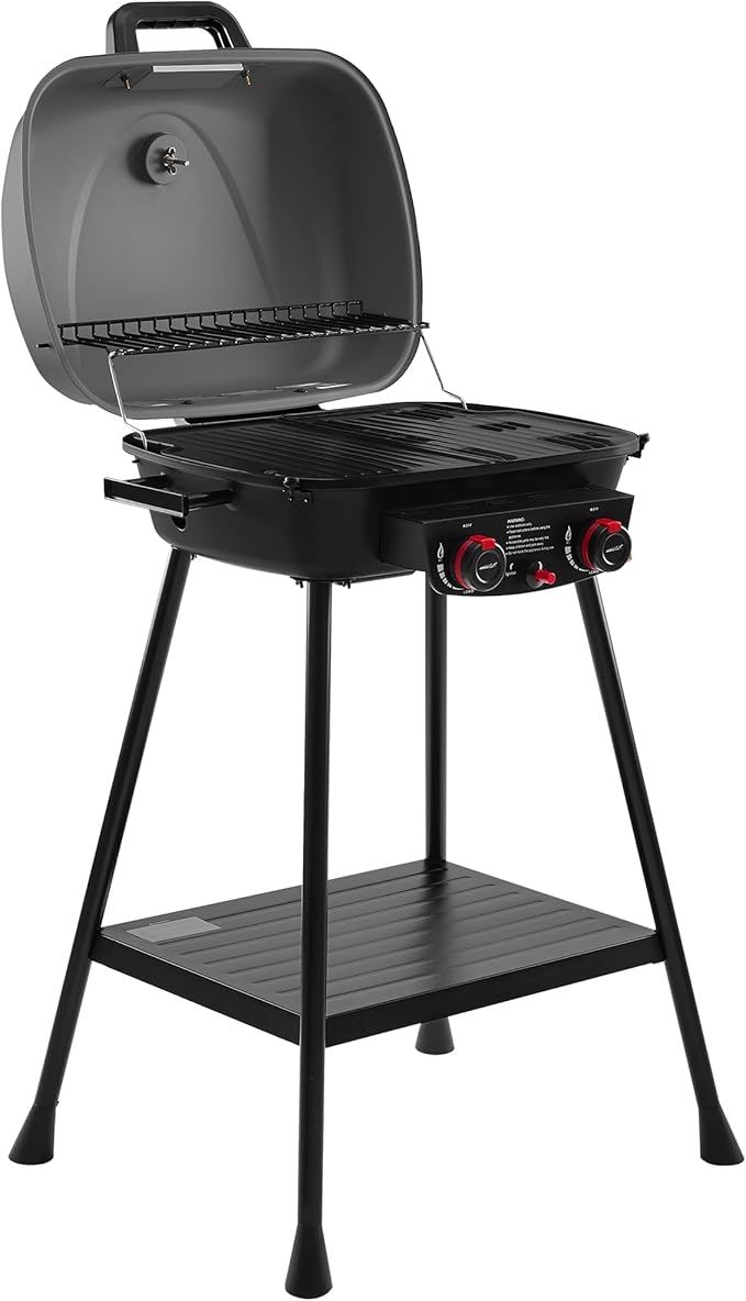 Royal Gourmet GT2003 Portable 2 Burner Propane Gas Grill with Stand and Warming Rack 2-in-1 Grill Griddle Combo with 17000 BTUs Output forCamping Tailgating Backyard Gray