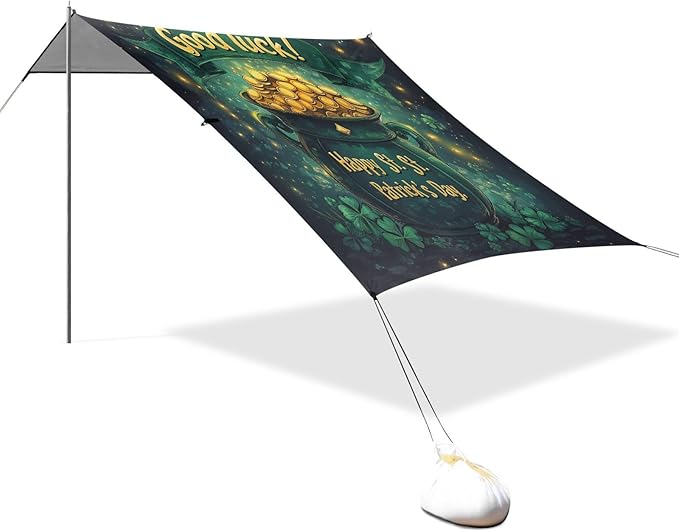 St Patrick's Day Coin Pot Beach Tent Sun Shelter Set UPF50+ UV Protection 10.5 x 9.19 FT Camping Shade Canopy with Sandbags Sand Anchors Carrying Bag and Others