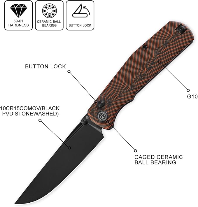 Petrified fish PFP14 Lis Folding Knife3.90 10Cr15CoMov Steel Black Stonewashed Blade G10 Handle Pocket Knife for Camping EDC Outdoor (Orange Black Stonewashed)