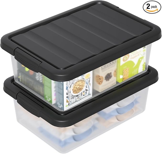 14 L Clear Storage Box with Black Lid Plastic Stackable Container Organizer Medium-14 Quart 2 Packs