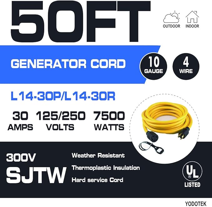 50 FEET Heavy Duty Generator Locking Power Cord NEMA L14-30P/L14-30R4 Prong 10 Gauge SJTW Cable 125/250V 30Amp 7500 Watts Yellow Generator Lock Extension Cord with UL Listed Yodotek