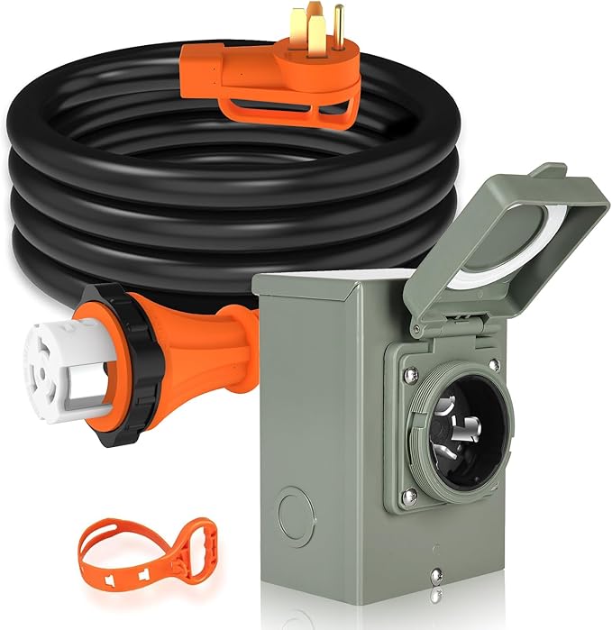 WELLUCK 50 Amp Emergency Power Combo Kit with SS2-50 Inlet Box and 15 FT Cord NEMA 14-50P to SS2-50R RV Power Extension with Grip Handle ETL Listed