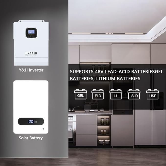 Y&ampH 5000W Hybrid Solar Inverter AC 120V to DC 48V UL1741 Battery-Free Operation Supported with 80A MPPT Charging 6000W PV Input 11kW Peak Lithium/Lead-Acid Compatible for Home RV Off-Grid