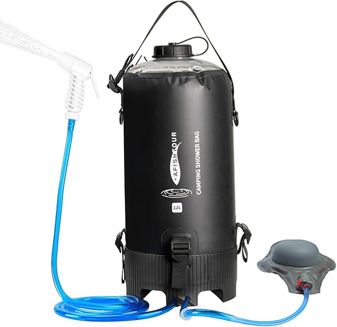 12L Portable Camping Shower Bag with Foot Pump and Shower Head Hose for Camping Hiking Backpacking