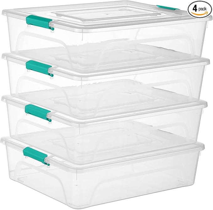 Clear Plastic Storage Bins with Lids Stackable Storage Box for Crafts Supplies (Large 4Pack Green)