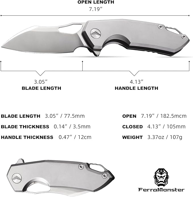Folding Pocket Knife With Clip - M390 Steel Titanium Handle for EDC Camping Hiking Survival Hunting - Sheath Included Gifts for Men (Grey)