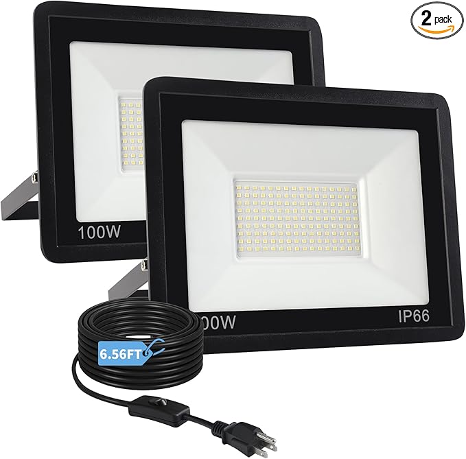 100W Flood Lights Outdoor12000LM Bright LED Work LightIP66 Waterproof Plug in Outdoor Floodlight with Switch and 6.5FT Cord6500K Daylight White Security Light for YardGarageGardenStadium(2 Pack)